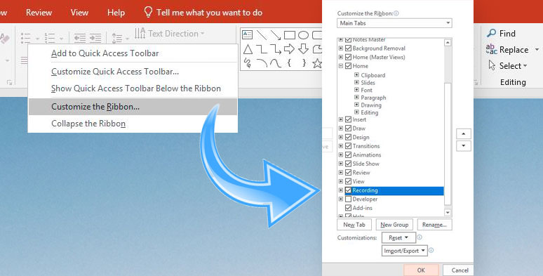 Customize PowerPoint recording ribbon